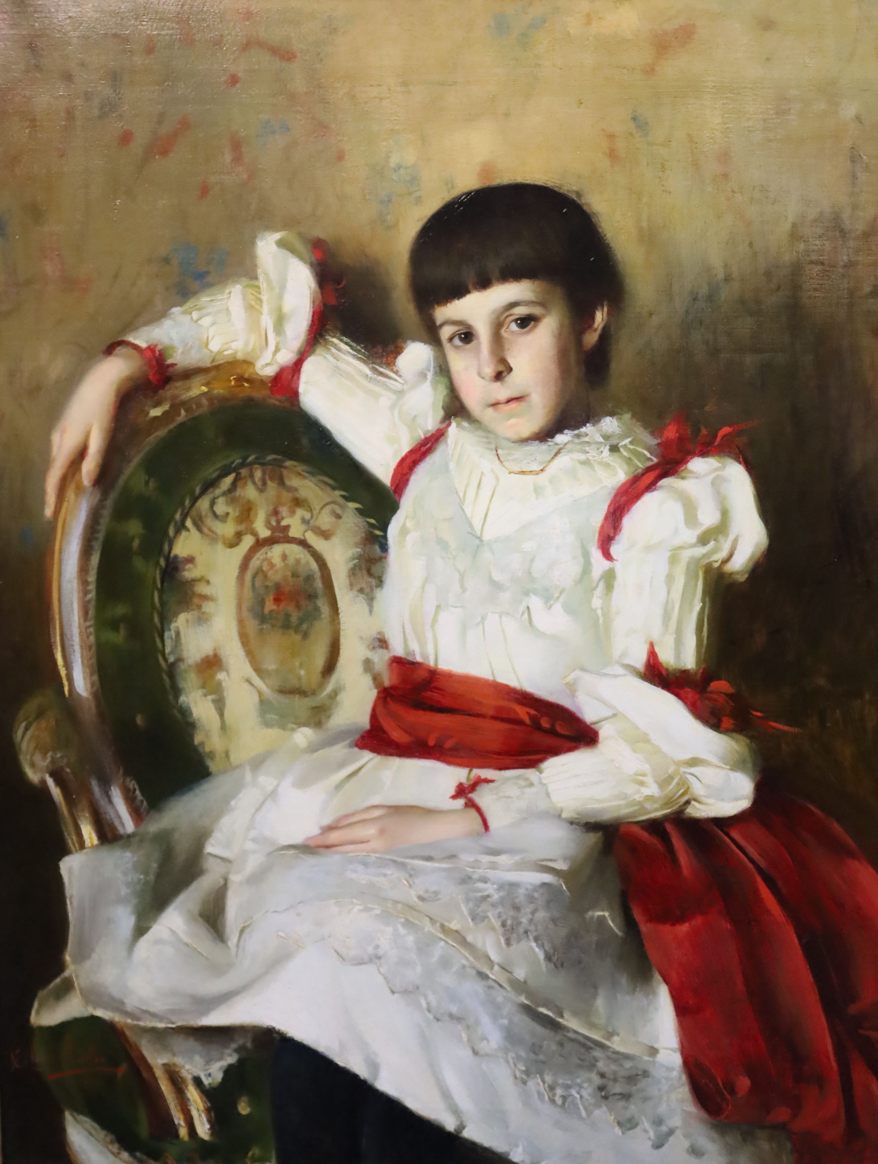 Clara Muller (19th C.), Portrait of a girl seated upon an armchair, oil on canvas, 73.5 x 94cm